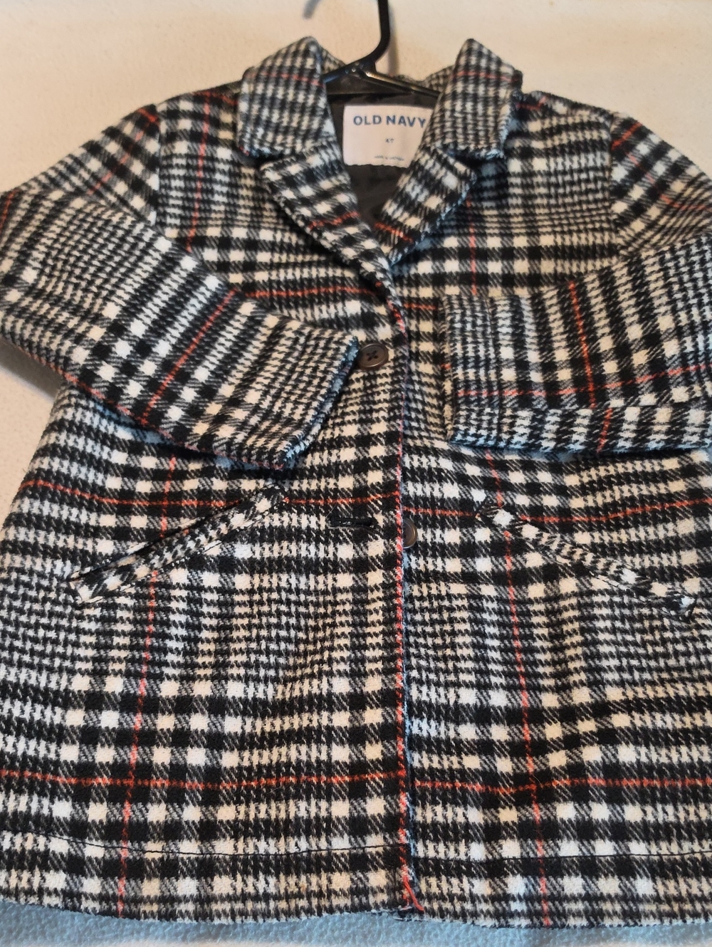 Old Navy 4T Black, White & Red Plaid Pea Coat EUC, #2615